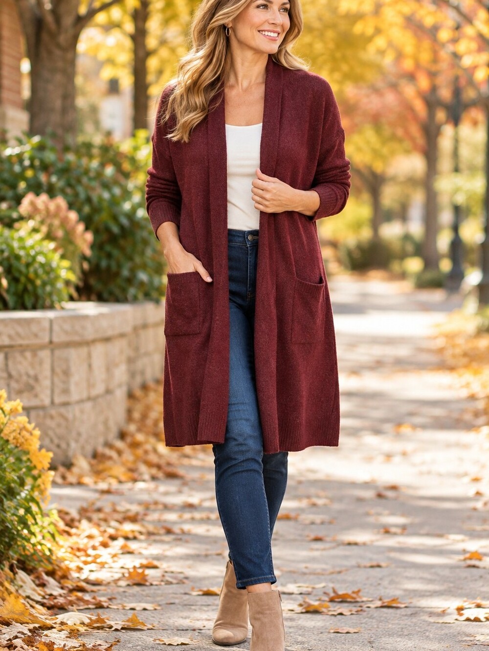 Halogen Cardigan Womens Sz S Long Sleeve Open Front Long Cashmere Blend Burgungy